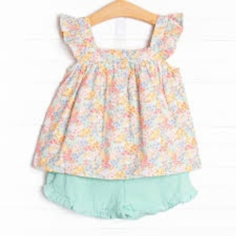 Stitchy Fish Floral Top Kids Size 5 Multicolor Flutter Sleeve Cotton Gauze